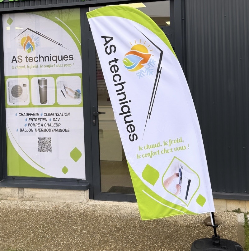 vitrophanie microperforé et beachflag- AS TECHNIQUES- OBERNAI